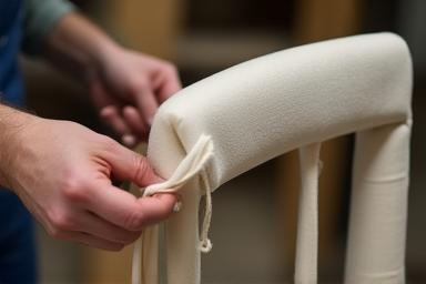 Hands stretching fabric over a chair frame during upholstery.