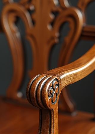 Beautifully restored antique wooden chair showcasing intricate carving details and a rich, polished finish.