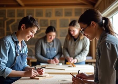 Students concentration focused, engaged in woodworking projects at sturdy traditional benches.