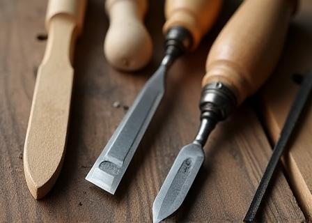 Close-up of traditional hand tools like sharp chisels and wooden planes neatly arranged on a worn wooden surface.